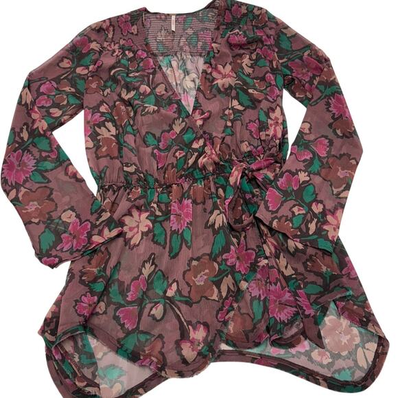 Free People Tunic Womens Small Purple Pink Floral Flume Smocked Wrap Sheer Boho - Picture 2 of 10